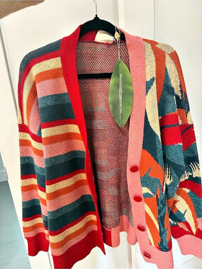 Farm Rio Bold Stripe Flowers Buttoned Knit Cardigan